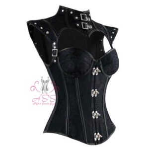 Brocade over bust corsets front claps side steel buckels and neck buckle styles single boned corset